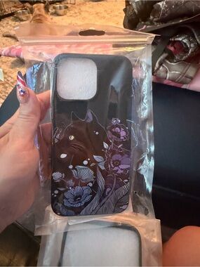 SHEIN Black Phone Case with Purple Floral Cat Artwork